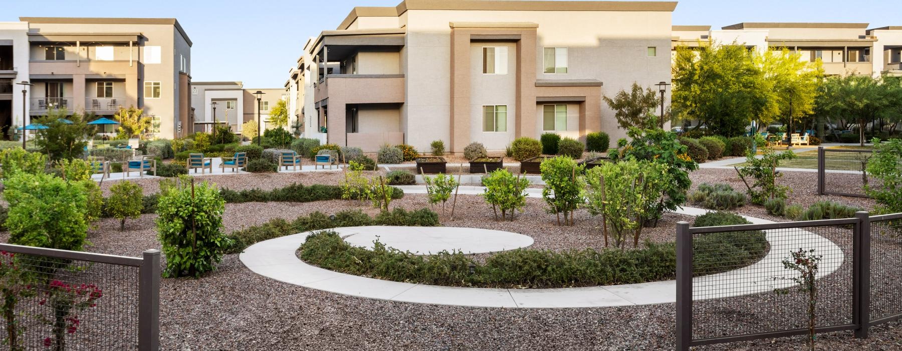 a courtyard with a fountain and trees